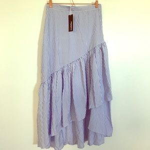A - Line Ruffle Pleated Striped Flare Maxi Skirt